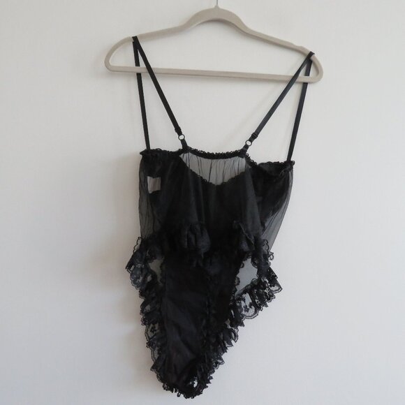 VINTAGE EMIL BOLE Lace Ruffle Black Mesh Velvet Metallic Bodysuit Teddy Goth - Picture 9 of 14